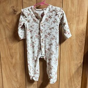 Floral Ruffle Footed One-Piece Romper - Cream with Pink Roses